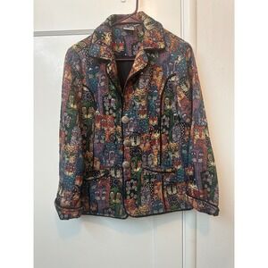 Parsley & Sage Womens Small Cat Tapestry Jacket Beaded Sequin Art to Wear Blazer